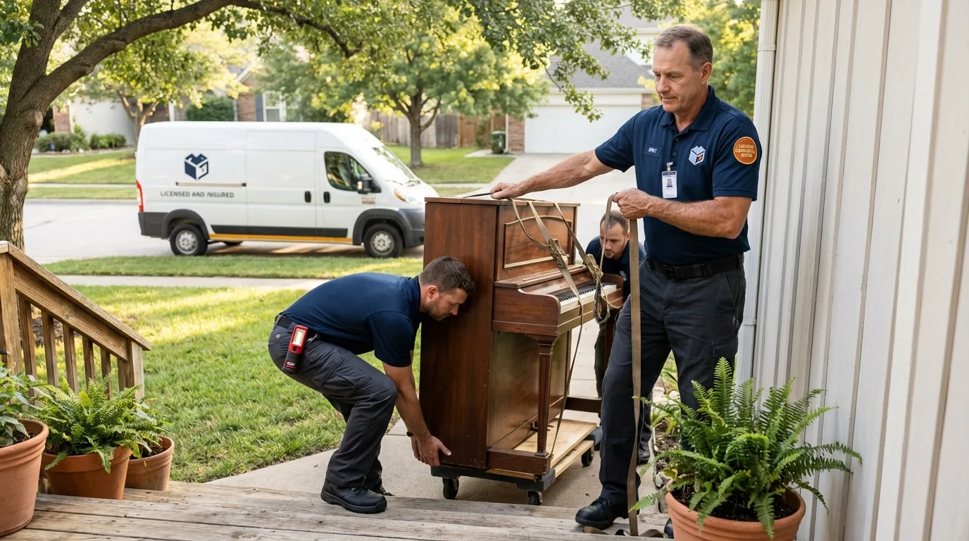 Licensed piano movers securing grand piano in Belgium, WI