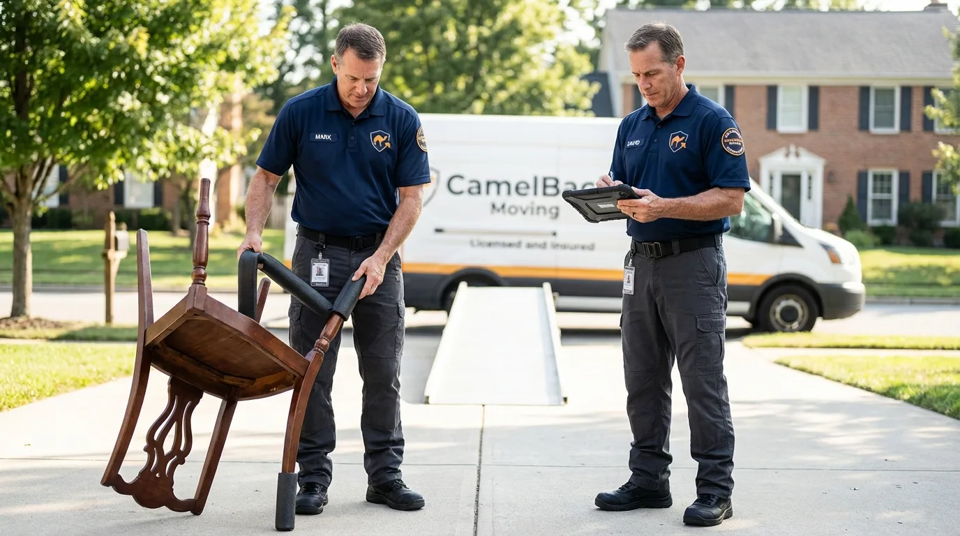 Movers inspecting furniture for damage prevention before loading in Belgium, WI