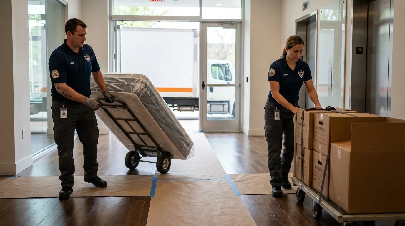 Professional apartment movers loading elevator in Belgium, WI